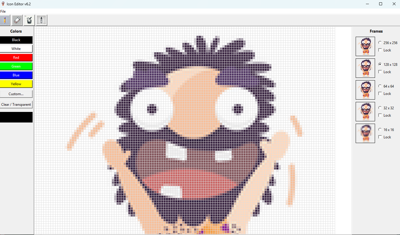 Icon Editor v6.2 window showing the drawing canvas, color palette, and frame size options
